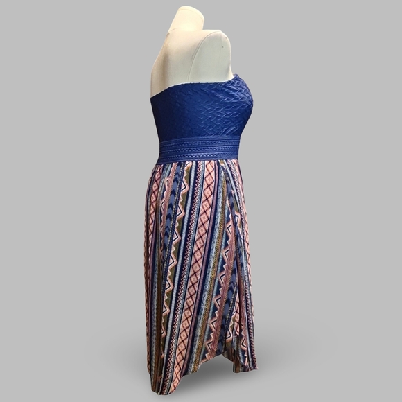 No Boundaries Strapless Hi-Low Boho Dress XL Blue Pink Geometric Knit Midi Dress - Picture 6 of 10